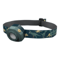 Kids dark green headlamp with dinosaur-pattern strap, adjustable band and front LED lens