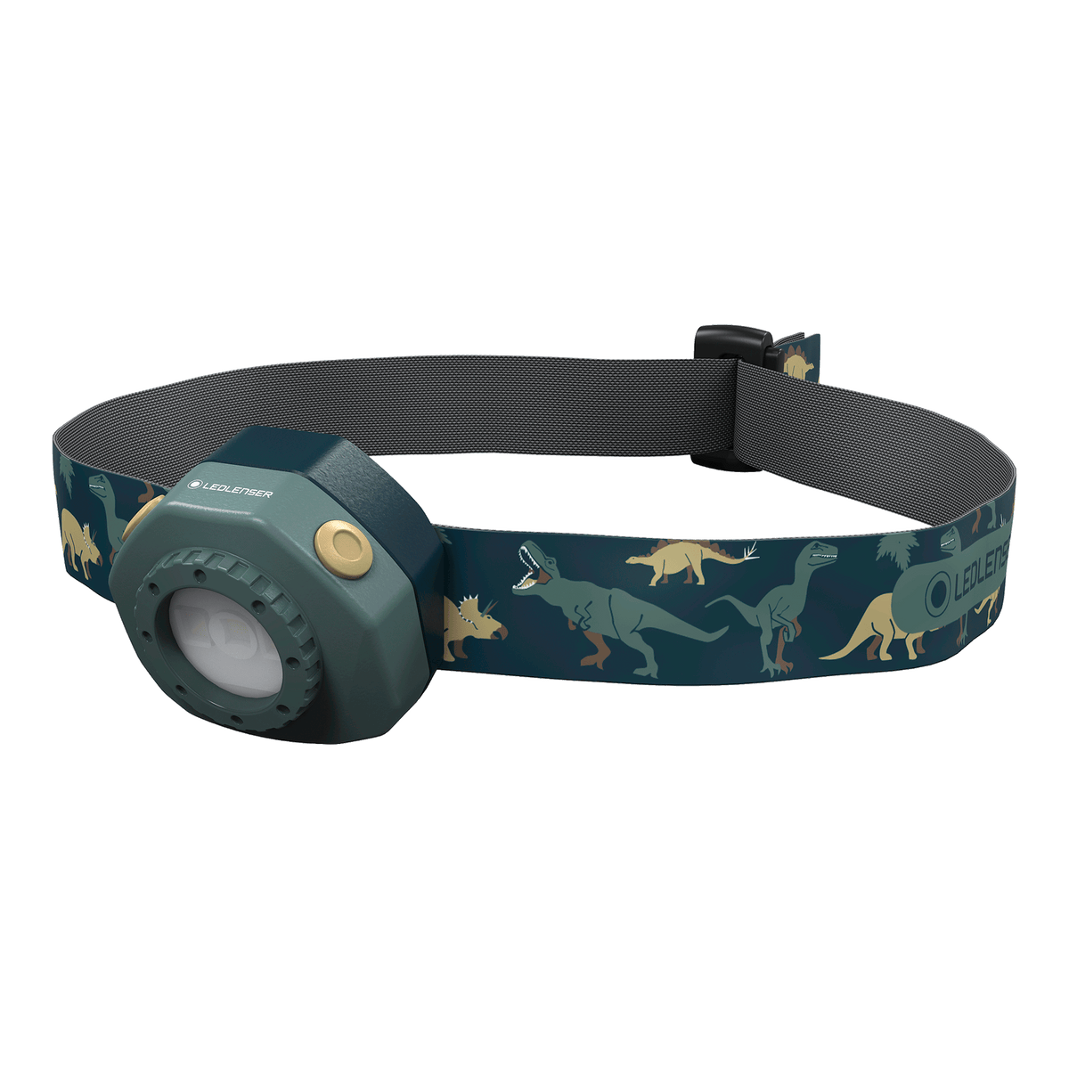 Kids dark green headlamp with dinosaur-pattern strap, adjustable band and front LED lens