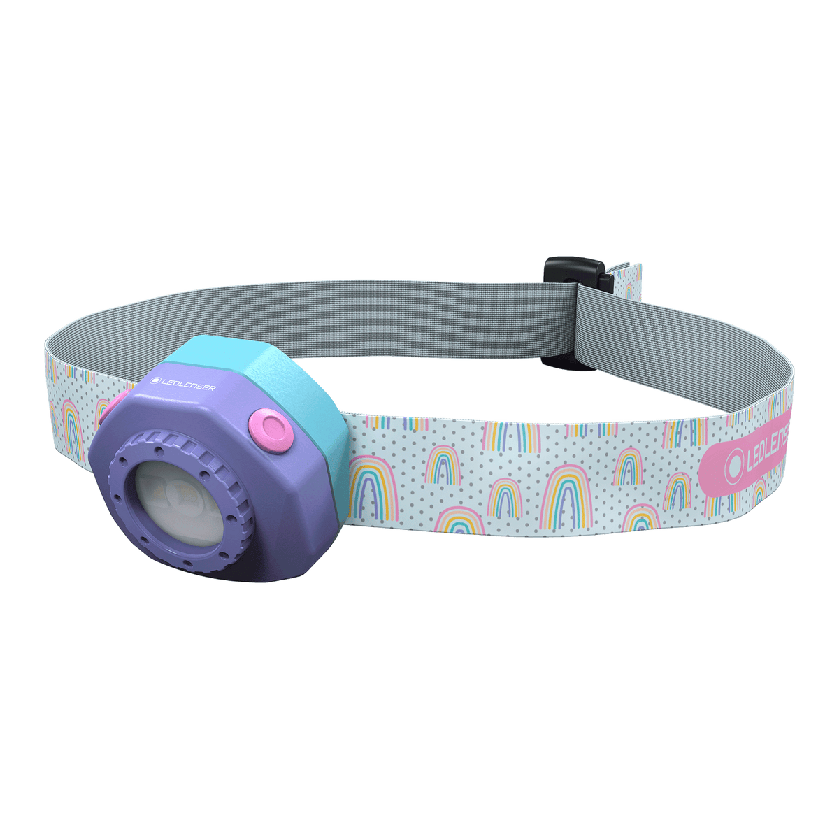 Kids purple headlamp with rainbow-pattern strap, adjustable band and front LED lens