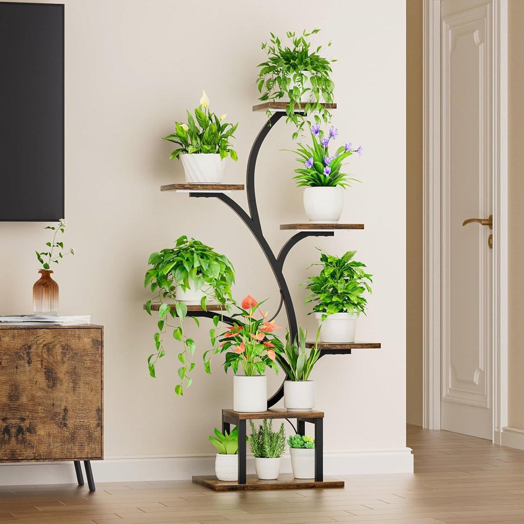 Indoor plant stand with black curved frame and four wooden shelves