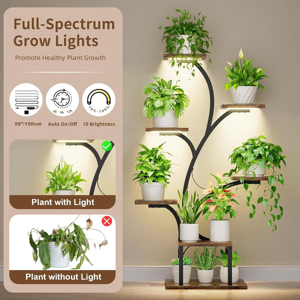 Plant display stand with full-spectrum grow lights and multiple potted plants