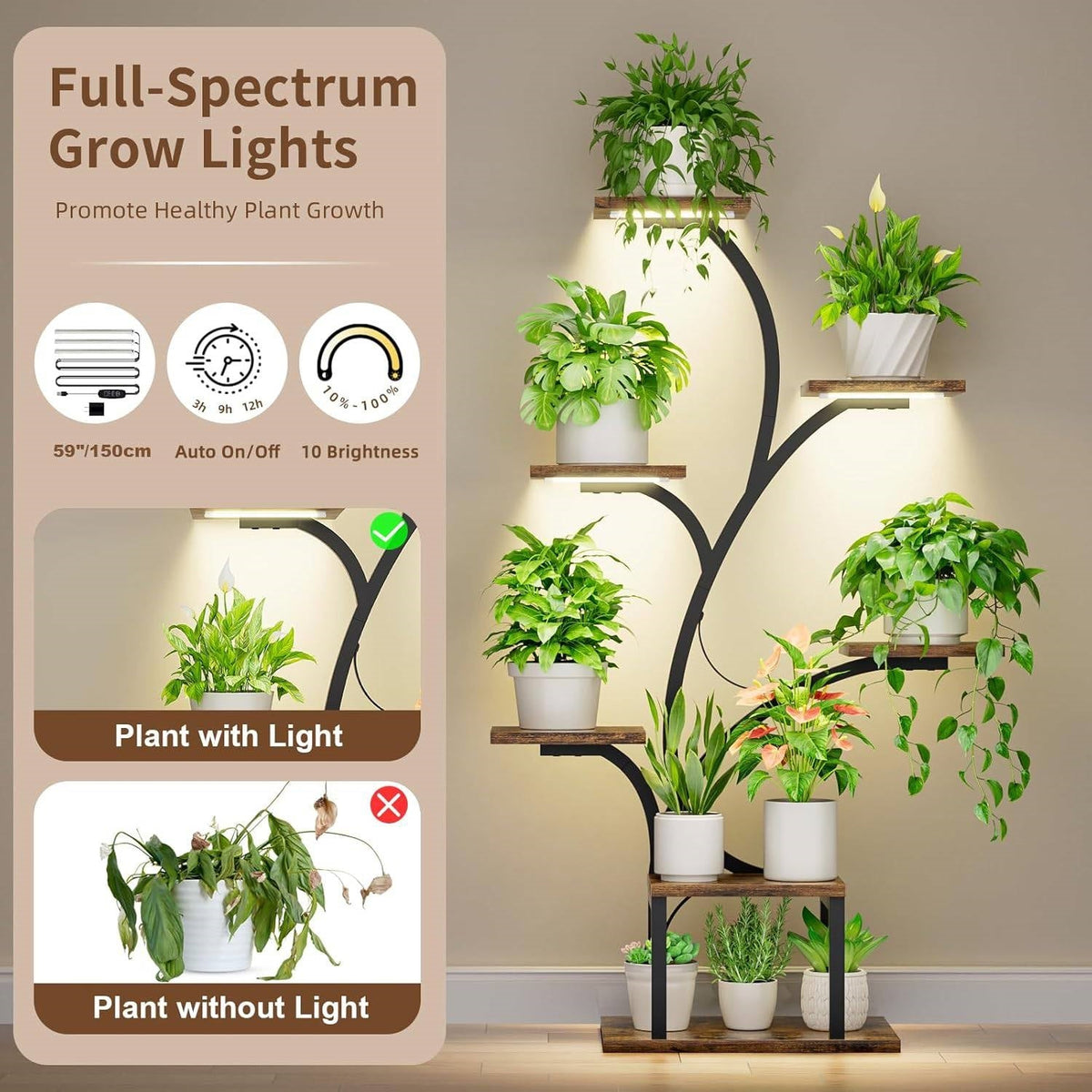 Plant display stand with full-spectrum grow lights and multiple potted plants