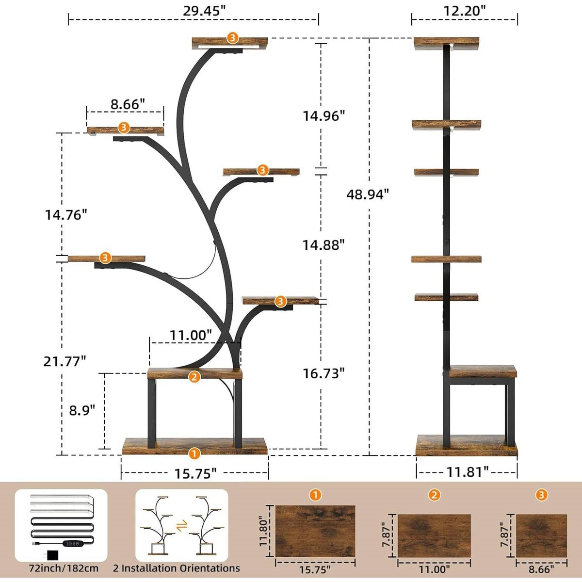 Plant stand size chart showing curved frame and stacked wooden shelf tiers
