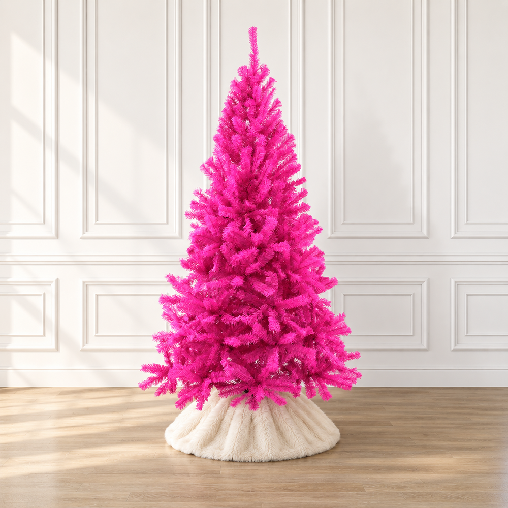 Pink artificial Christmas tree with dense flocked needles on a white fabric base