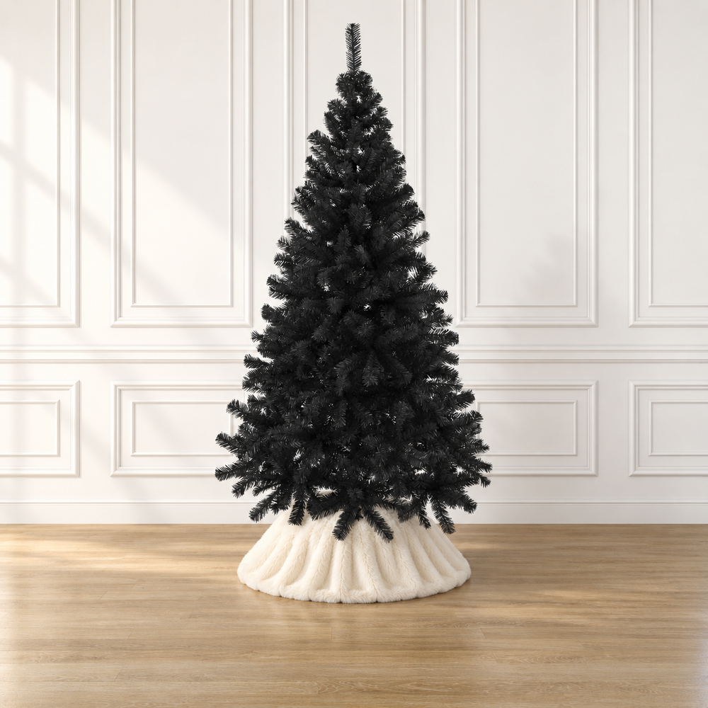 Black artificial pine Christmas tree with white base stand