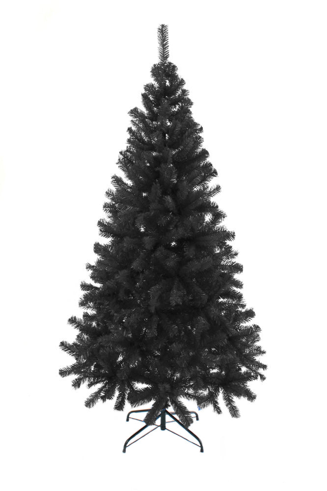 Black artificial pine Christmas tree with full branches and metal stand