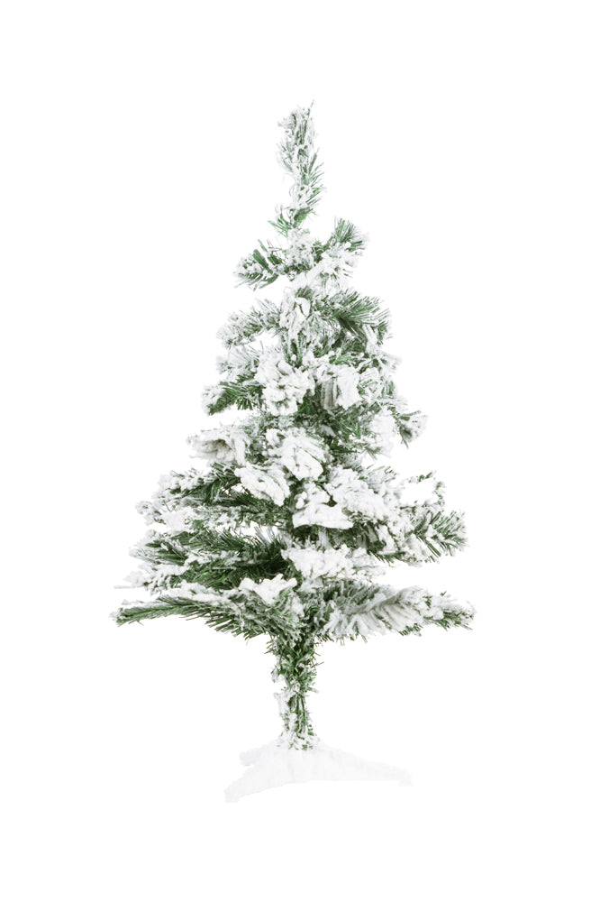 Snow-frosted tabletop tree on white stand, full green branches with white flocking