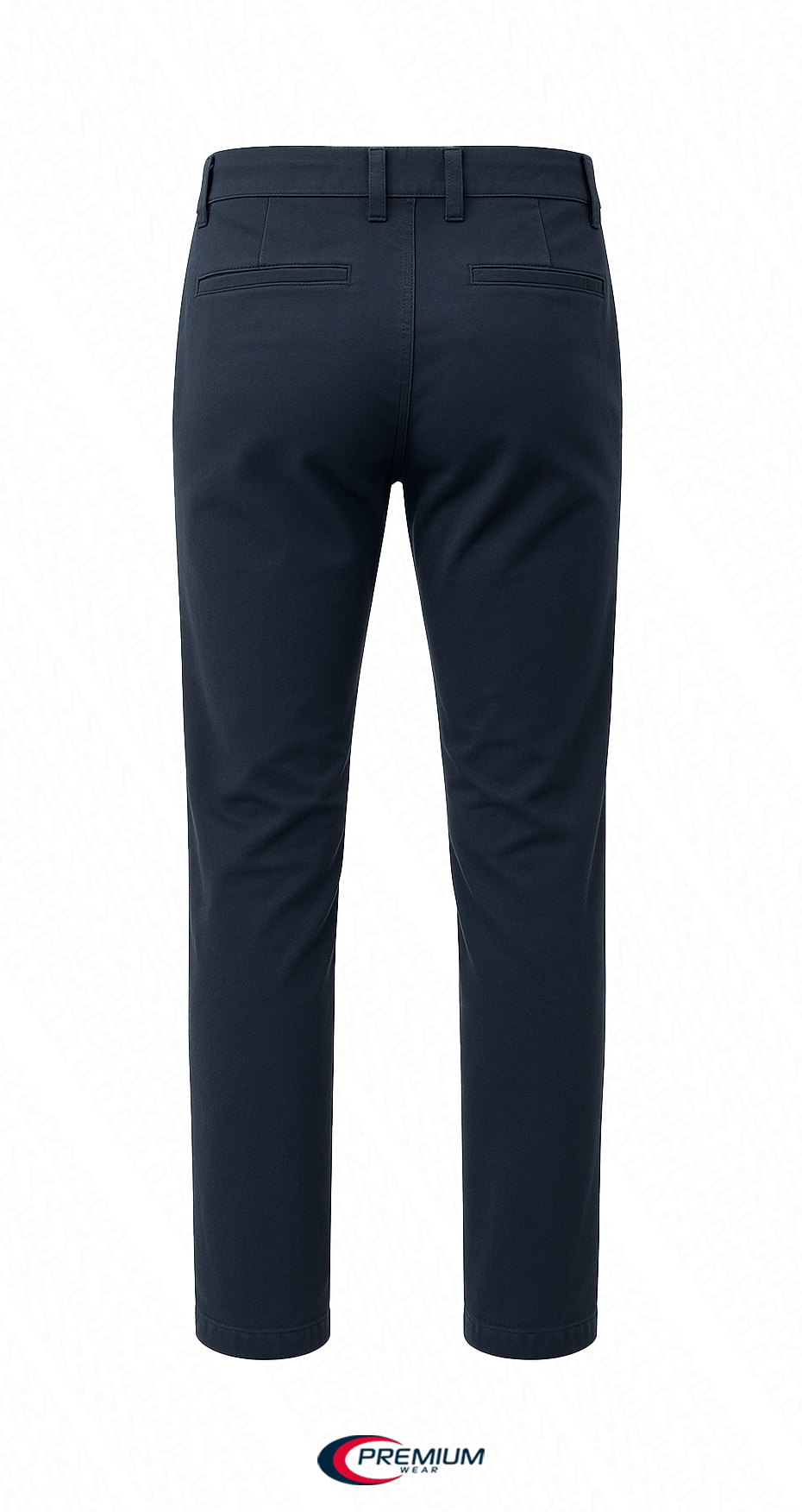 Men's slim chino pant in dark navy with belt loops and front pockets, straight leg.