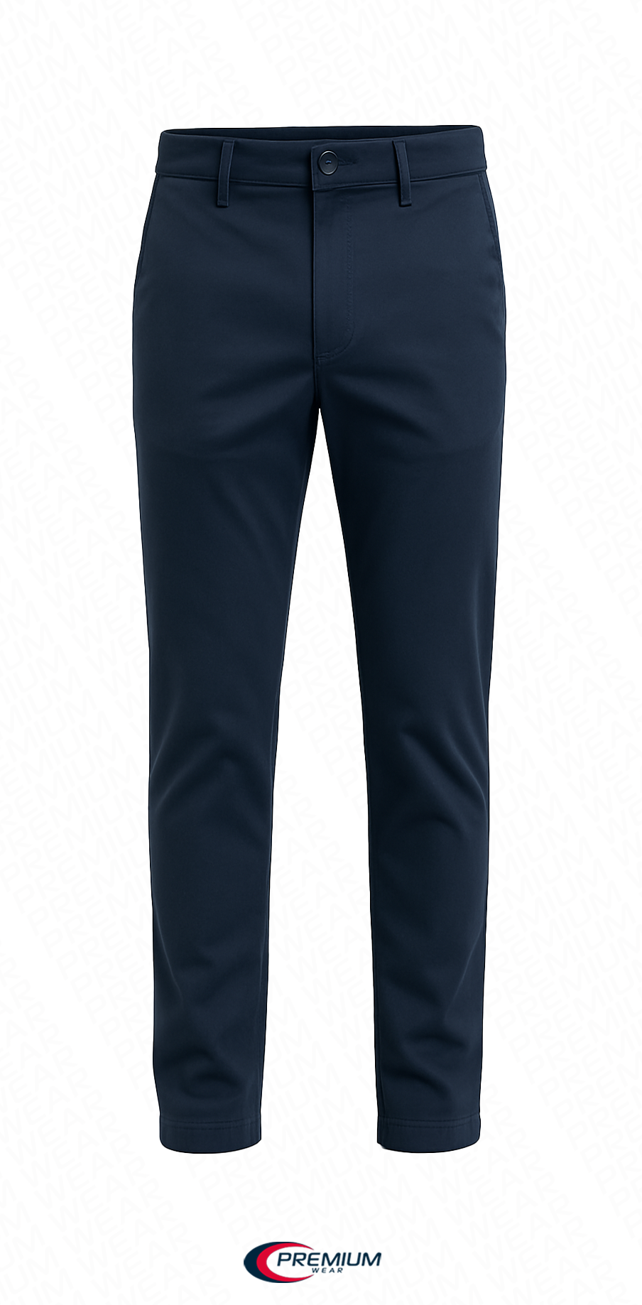 Men's slim chino pant in deep navy, flat front with belt loops and straight fit.