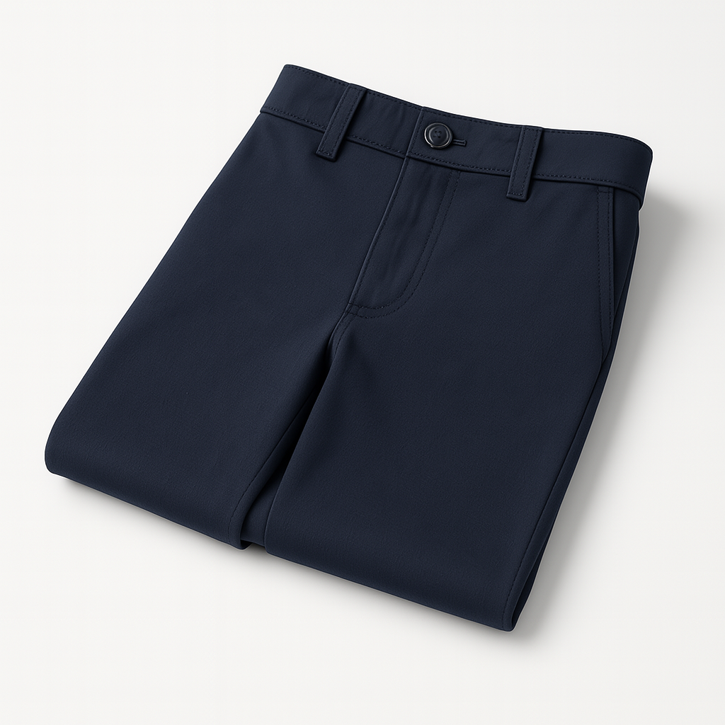 Men's slim chino pant in dark navy, folded view showing waistband and button closure.