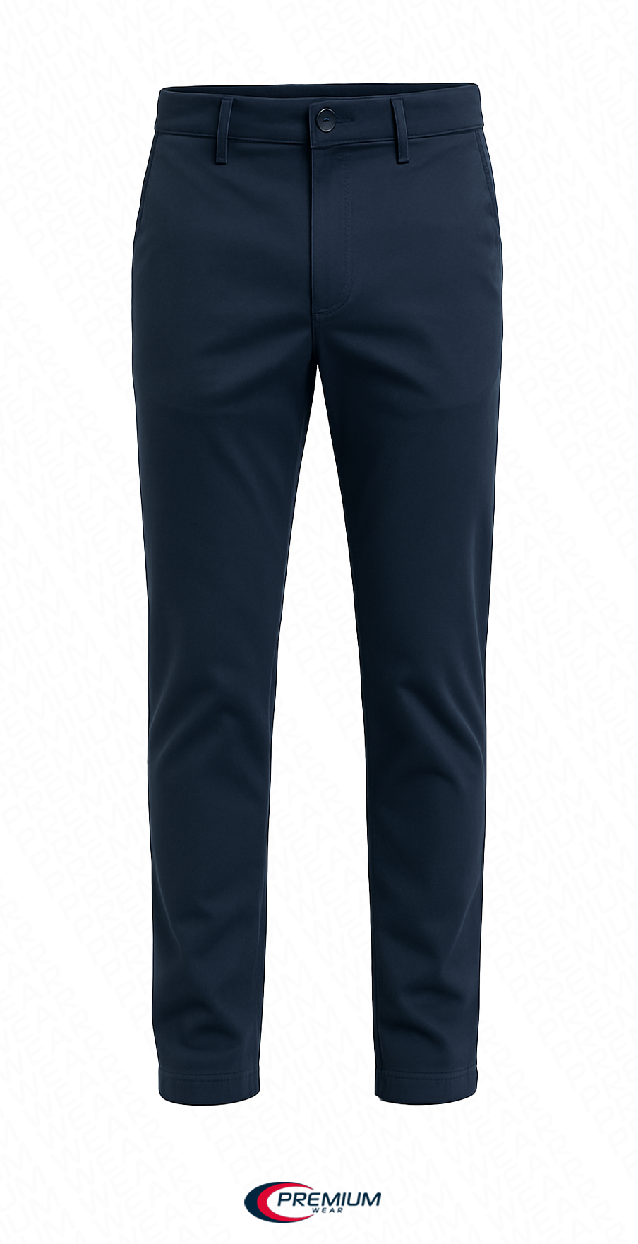 Men's slim chino pant in dark navy with zip fly, belt loops, and straight legs.
