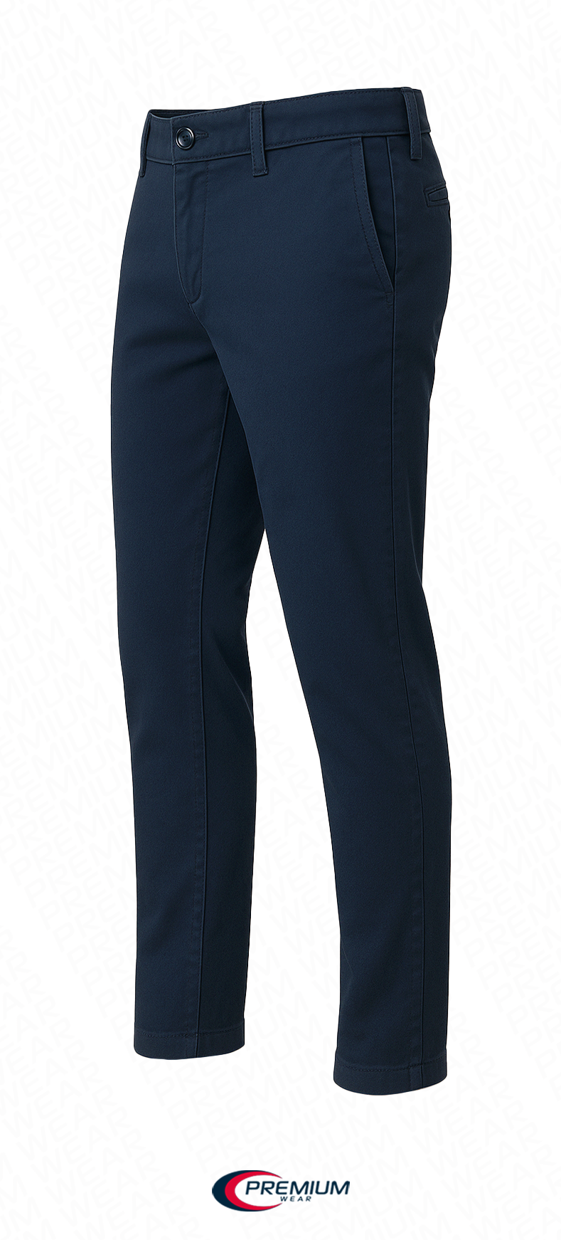 Men's slim chino pant in dark navy with front pleat detailing and belt loops.