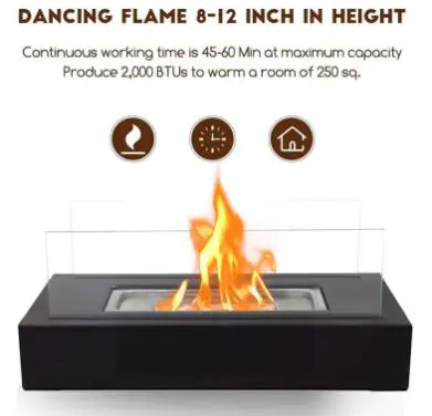 Black mini alcohol fireplace with tall dancing flame and rectangular burner tray