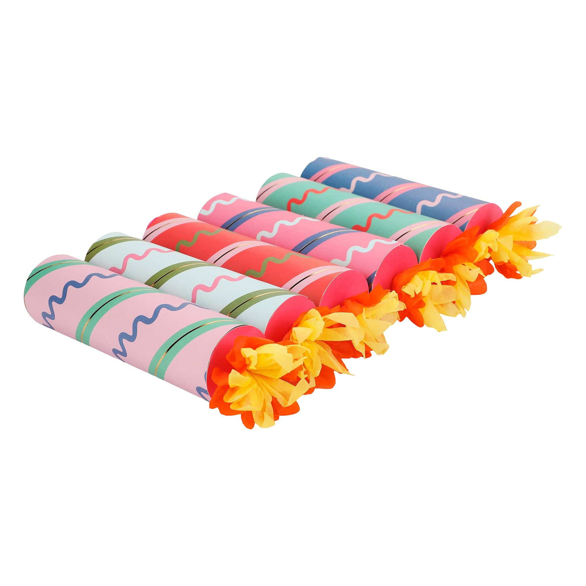 Birthday crackers with pastel striped tubes and orange paper flame ends