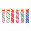 Set of 6 birthday crackers, striped pink blue green with orange paper flame tips