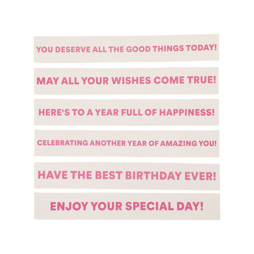 Birthday party cracker message cards with pink and white celebratory text