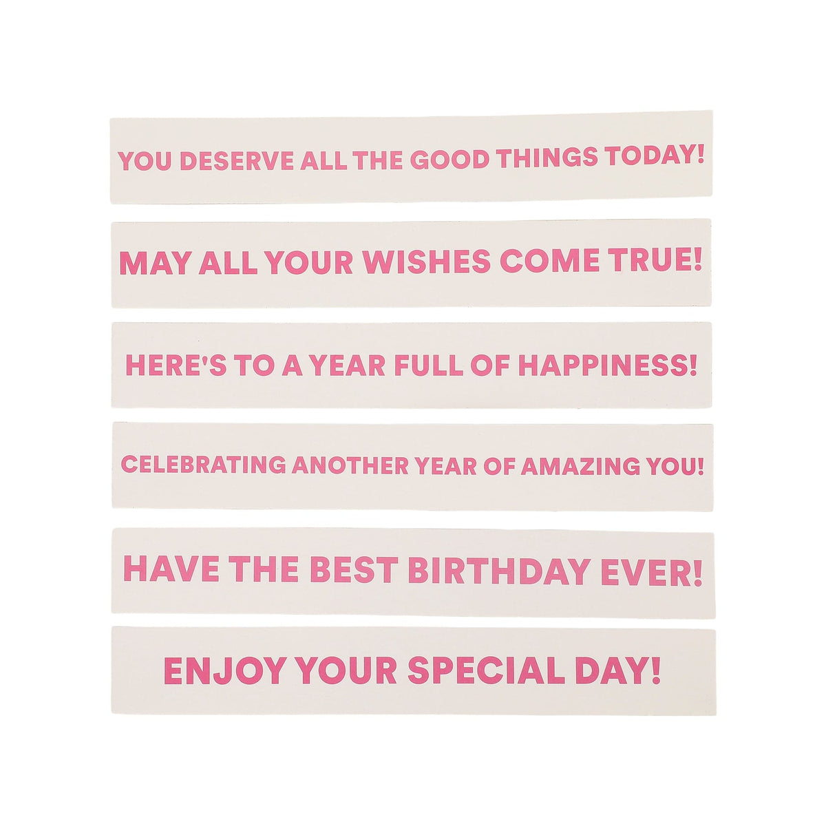 Birthday party cracker message cards with pink and white celebratory text