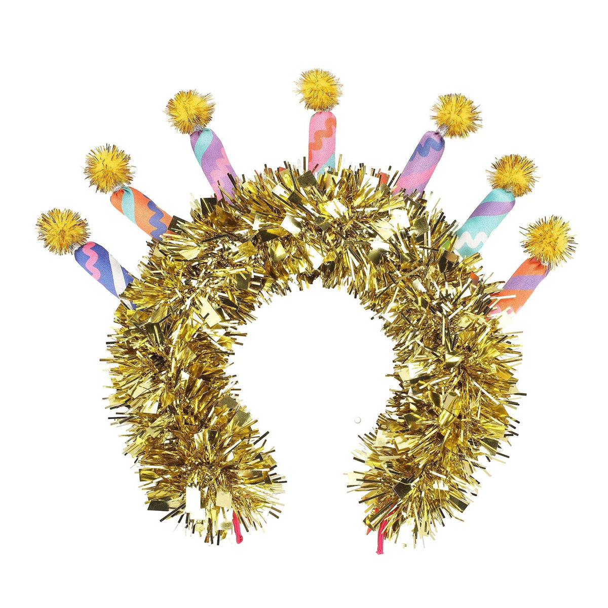 Gold tinsel circular headband with colorful printed candle stems and yellow pom-pom ends