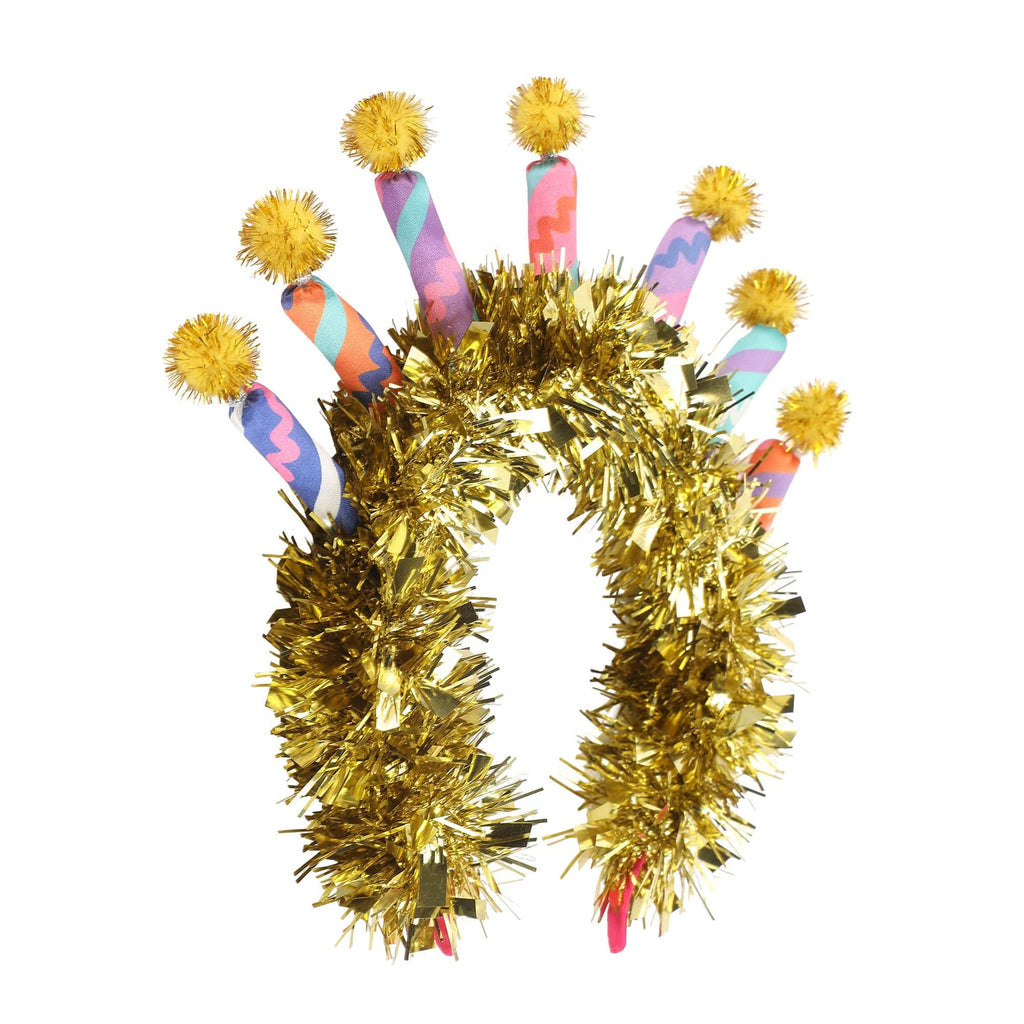 Gold tinsel candle headband with rainbow candle sleeves and multiple yellow pom-pom tips