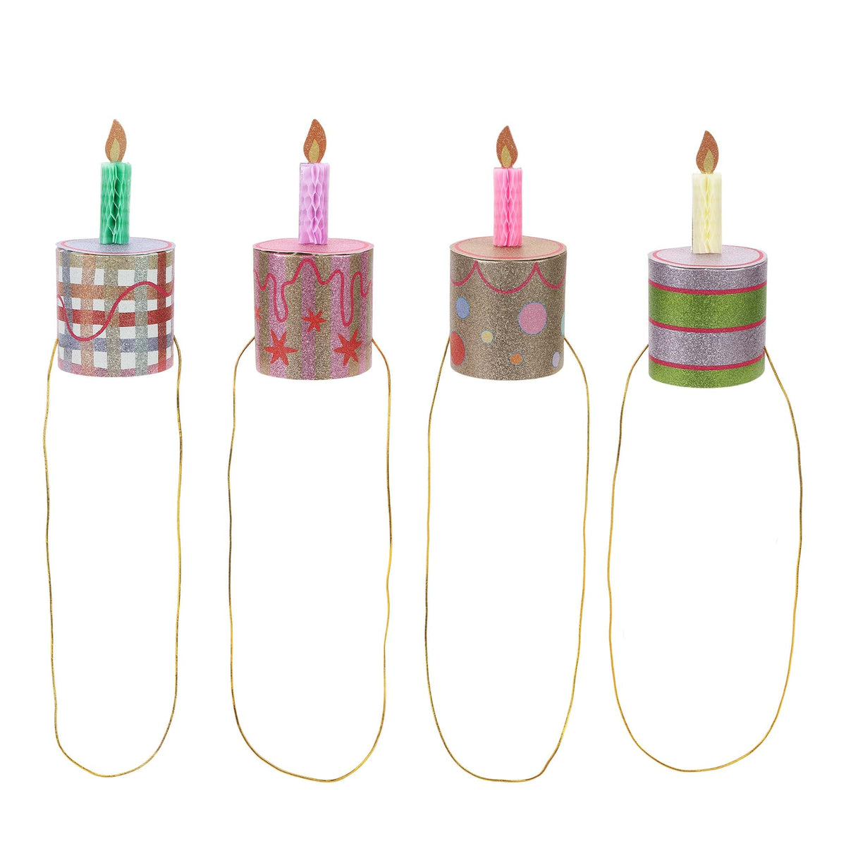 Set of four mini birthday cake party hats with candle flames, checkered and patterned cylinders