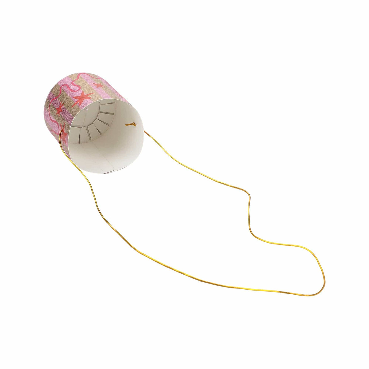 Mini cake party hat with pink glitter top and long gold tie cord