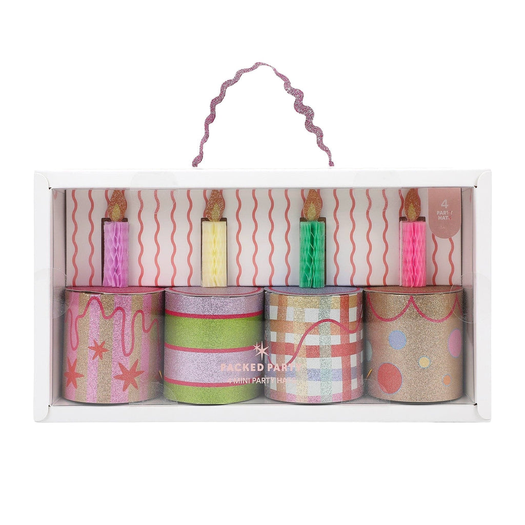 Mini birthday cake party hats gift box with four patterned mini hat rolls and candle details