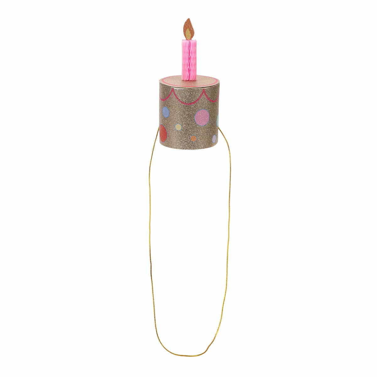 Gold glitter cake party hat with pink candle and long gold tie cords