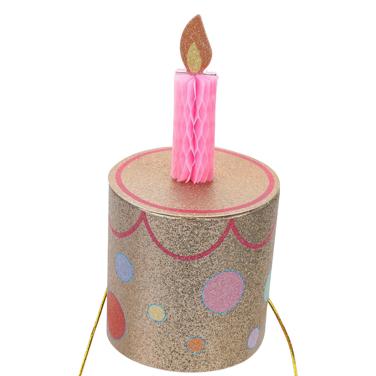 Gold glitter cake party hat with pink candle flame and gold tie cords