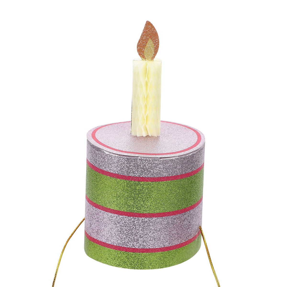 Green glitter cake party hat with yellow candle and long gold tie cords
