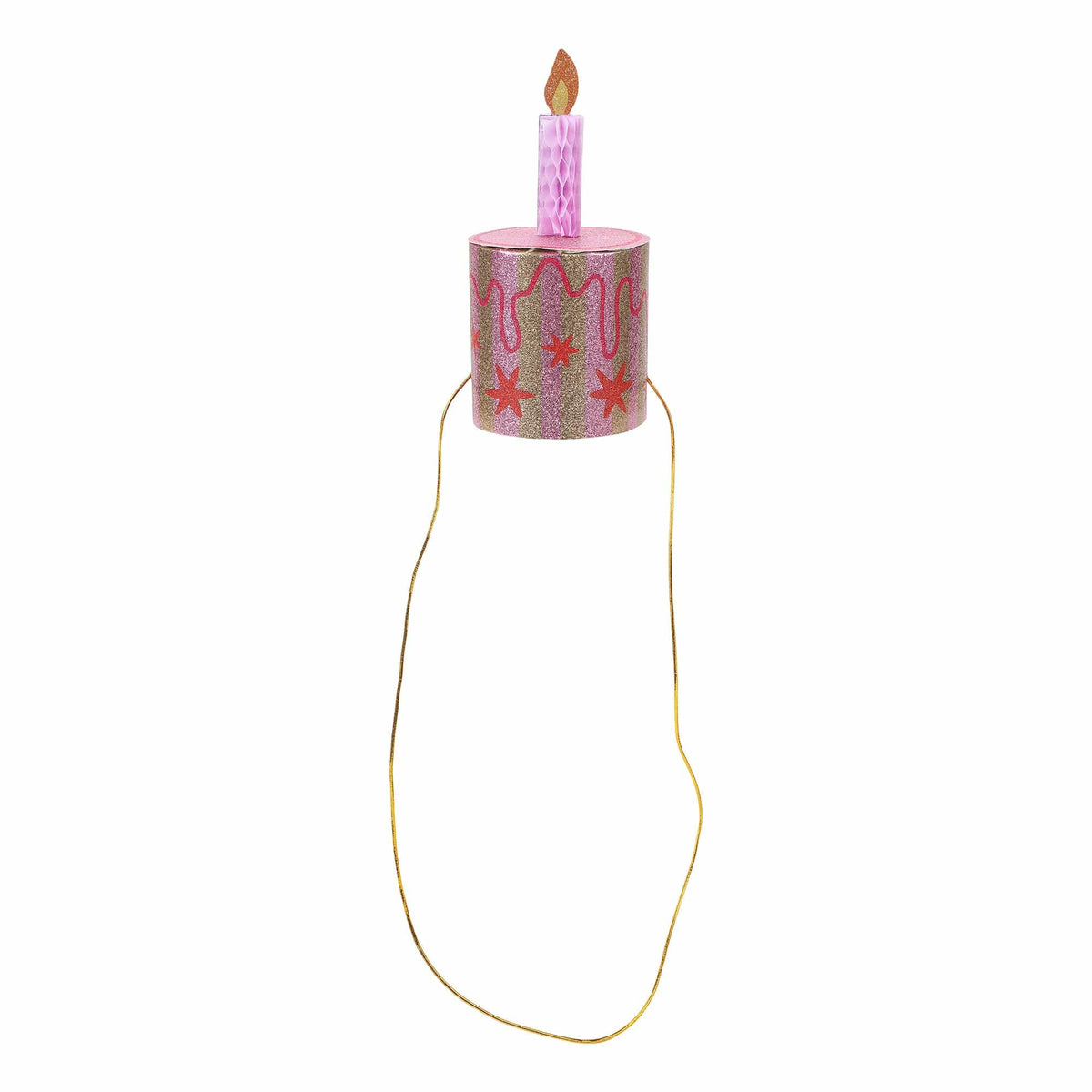Pink glitter cake party hat with purple candle and long gold tie cords