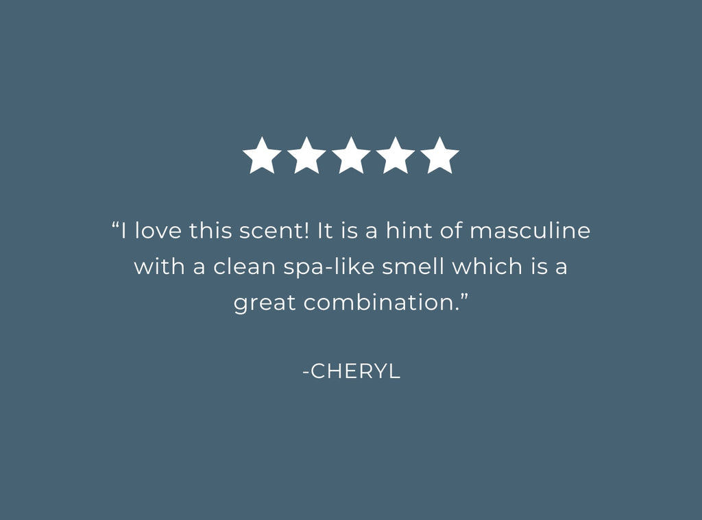 Customer review card with five star rating and a written scent quote