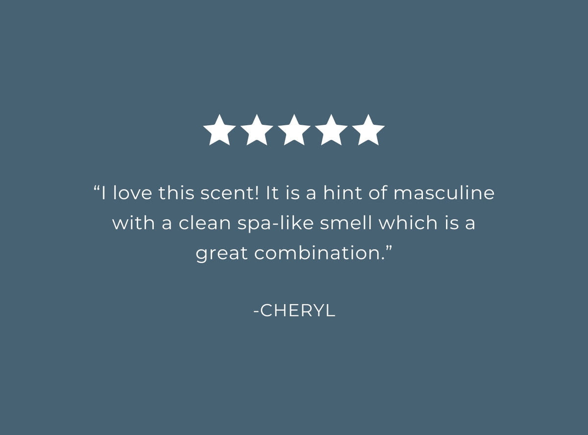 Customer review card with five star rating and a written scent quote