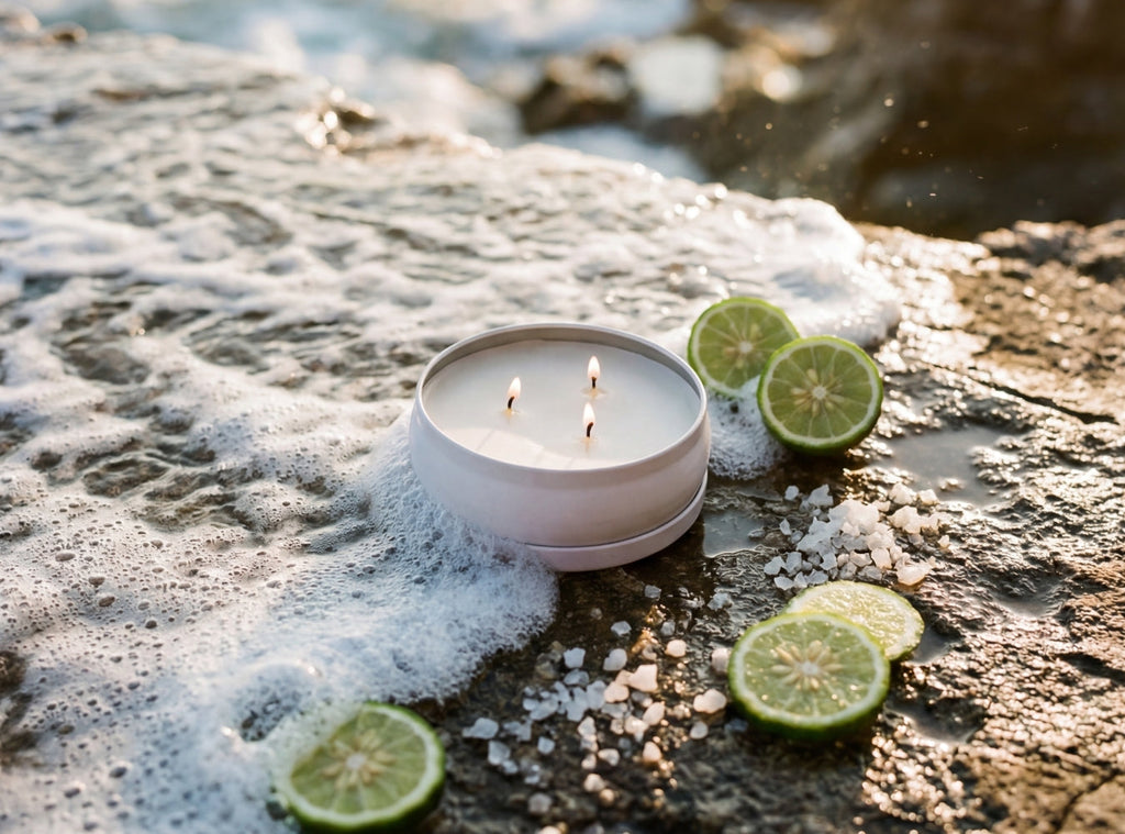 Small white 3-wick candle in round tin with three flames on seaside rocks