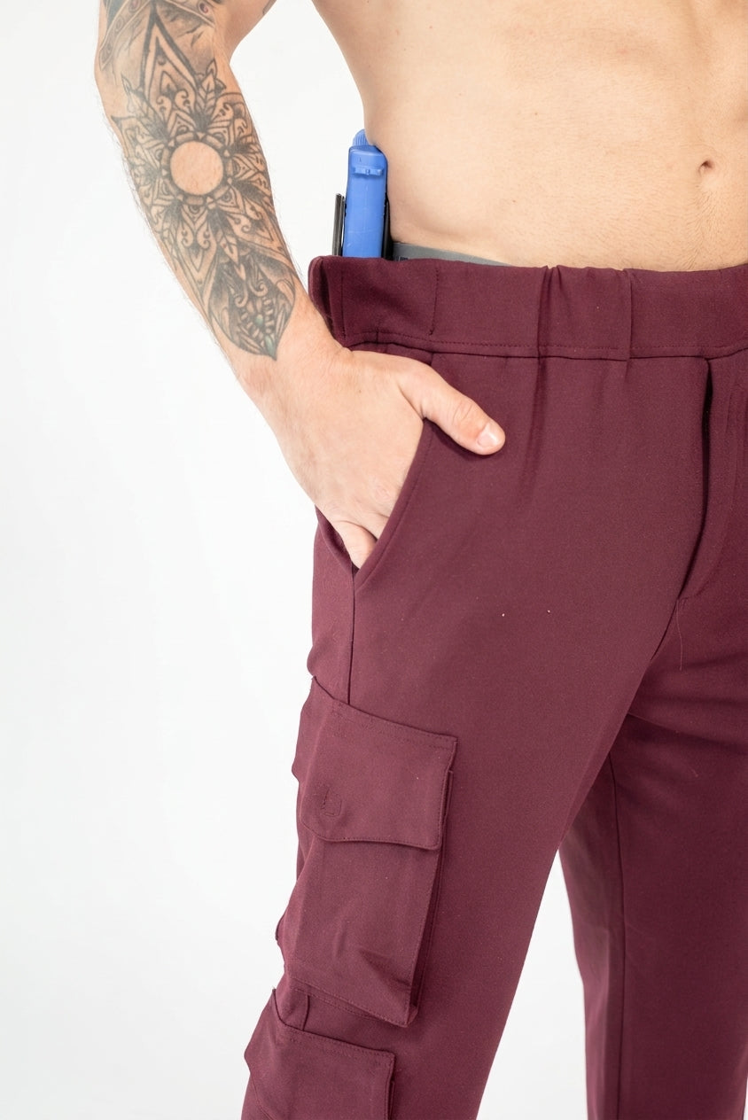 Burgundy cargo pants with side cargo pocket and relaxed fit