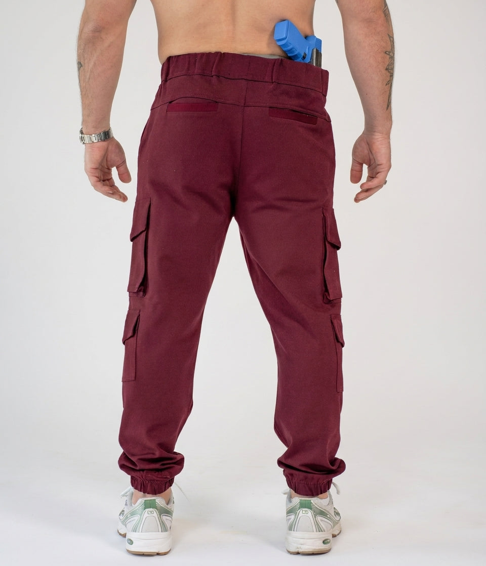 Burgundy loose-fit cargo pants with cargo pockets and ankle cuffs