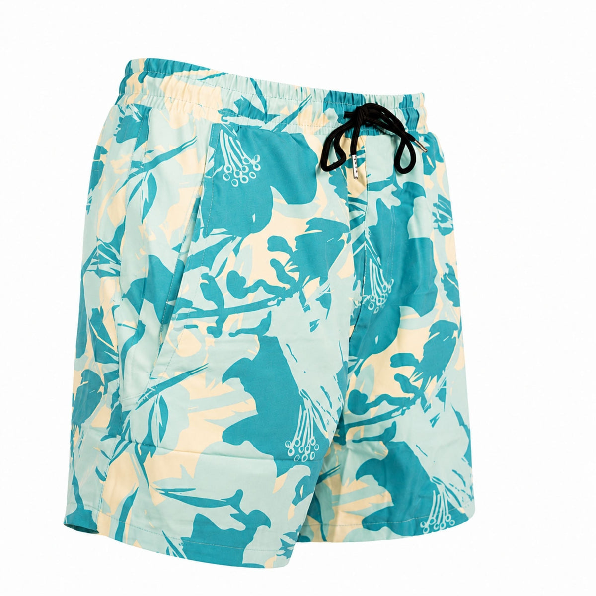 Blue and cream camo swim shorts with elastic waistband and black drawstring