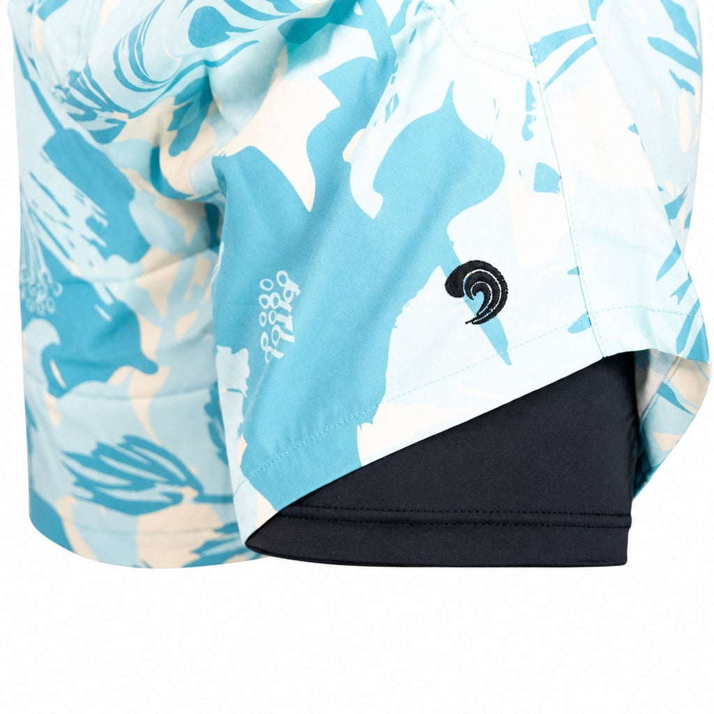 Blue camo swim shorts with dark inner hem panel and black drawcord detail