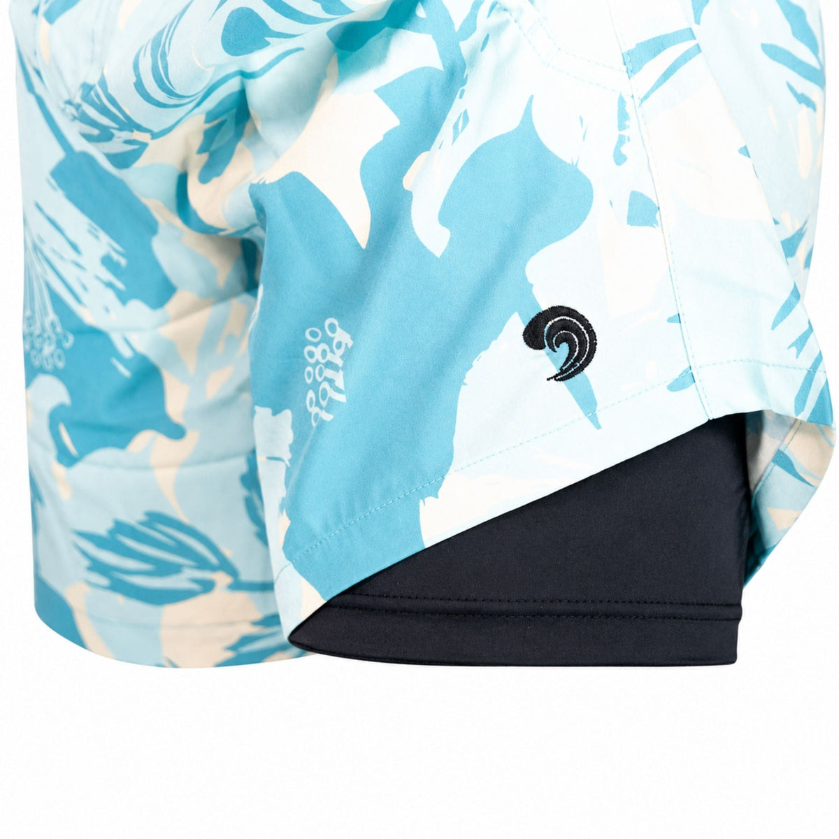 Blue camo swim shorts with dark inner hem panel and black drawcord detail