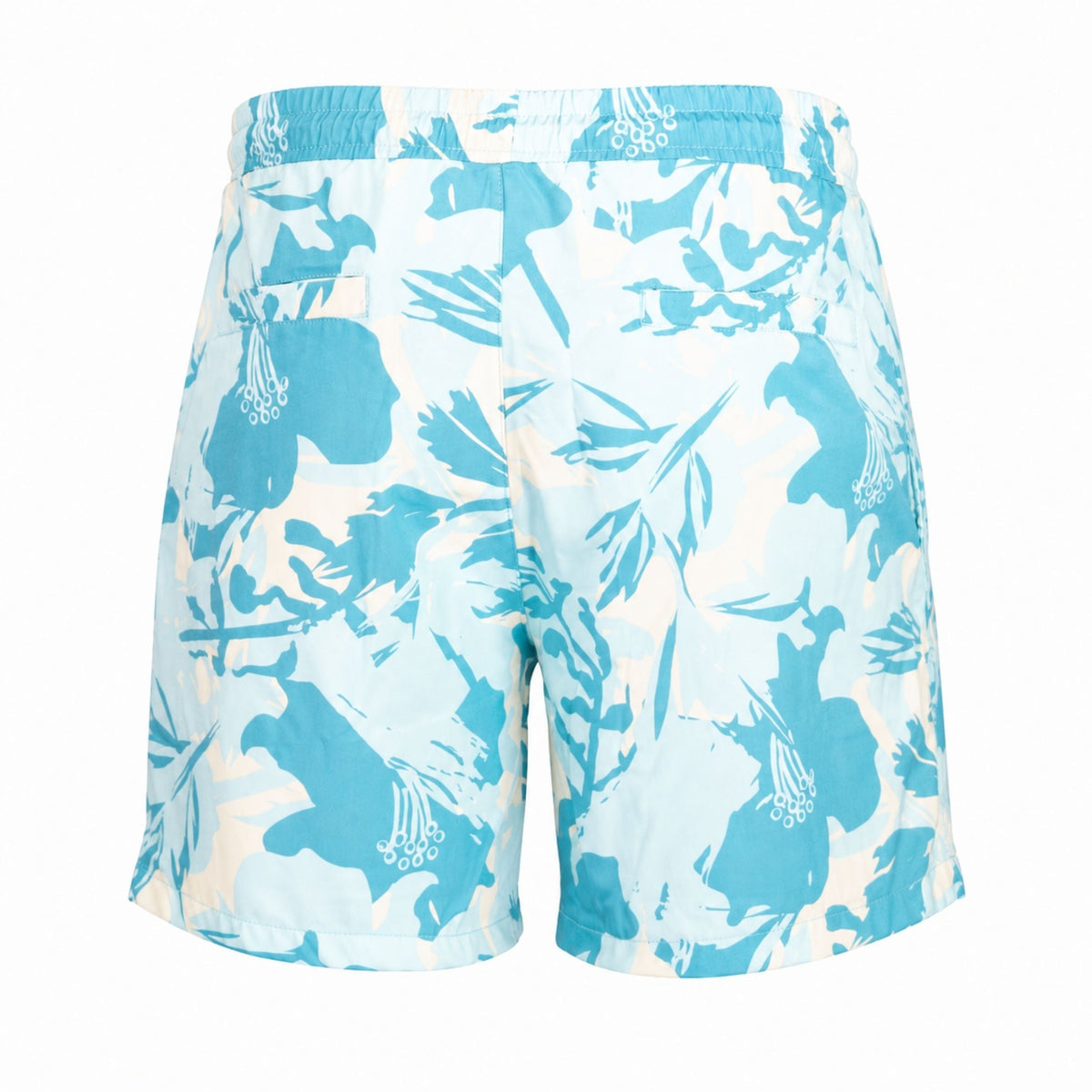 Blue and cream camo swim shorts with elastic waistband, drawstring tie at front