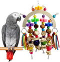 Parrot chew toy with a wooden arch, colorful beads, corn cob pieces, woven fibers and hanging ropes