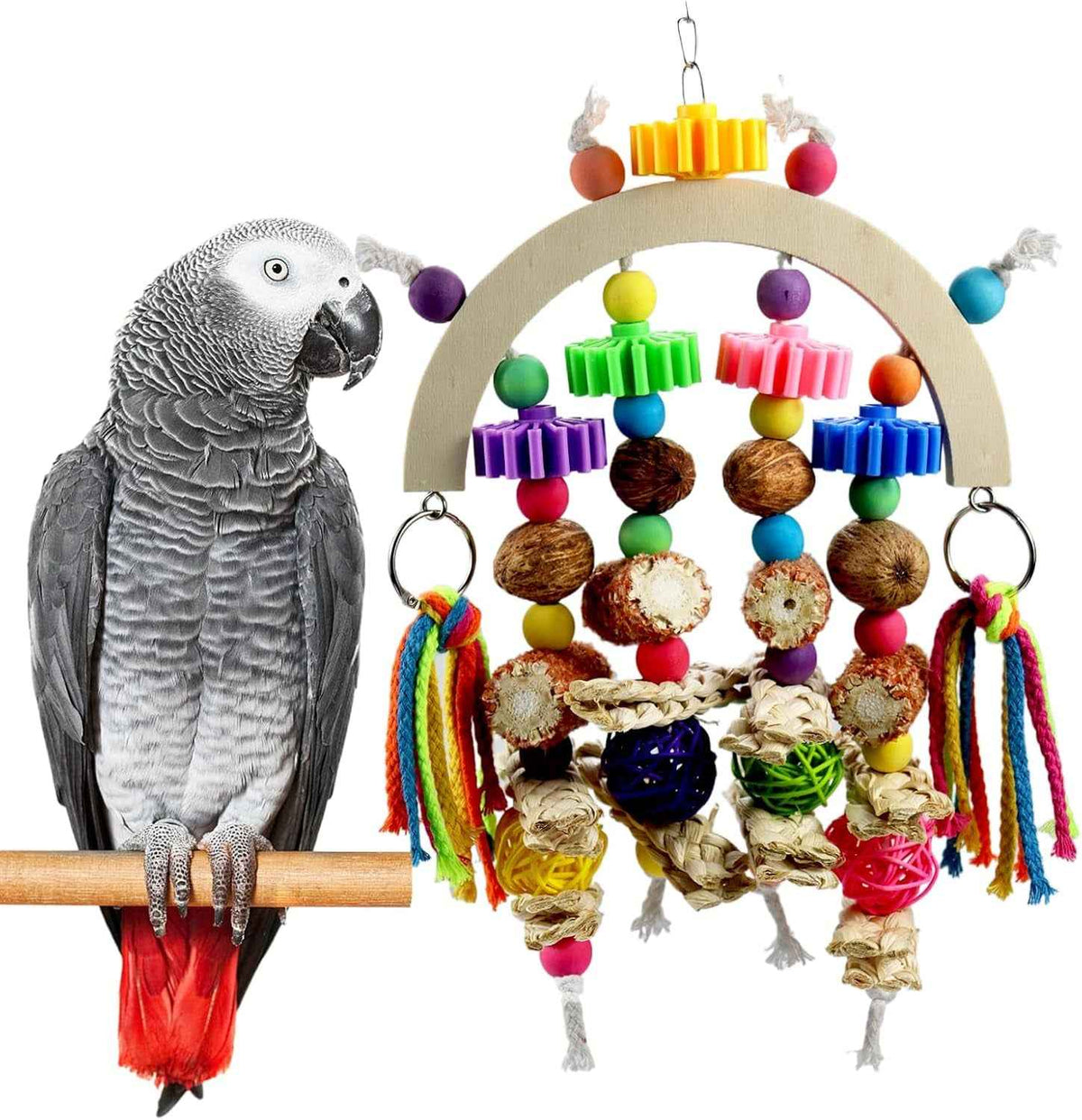Parrot chew toy with a wooden arch, colorful beads, corn cob pieces, woven fibers and hanging ropes