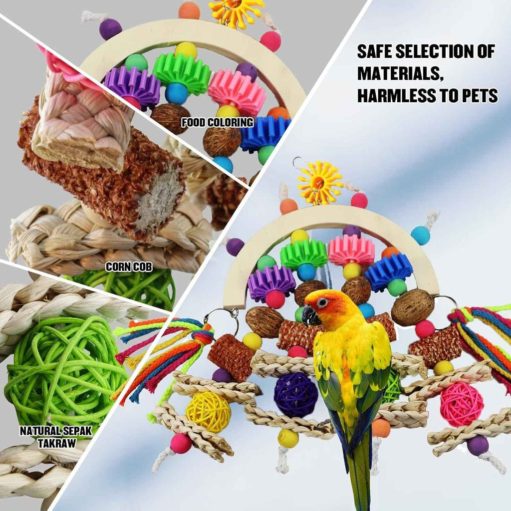 Parrot chew toy with colorful beads, corn cob pieces, woven fibers and dangling ropes