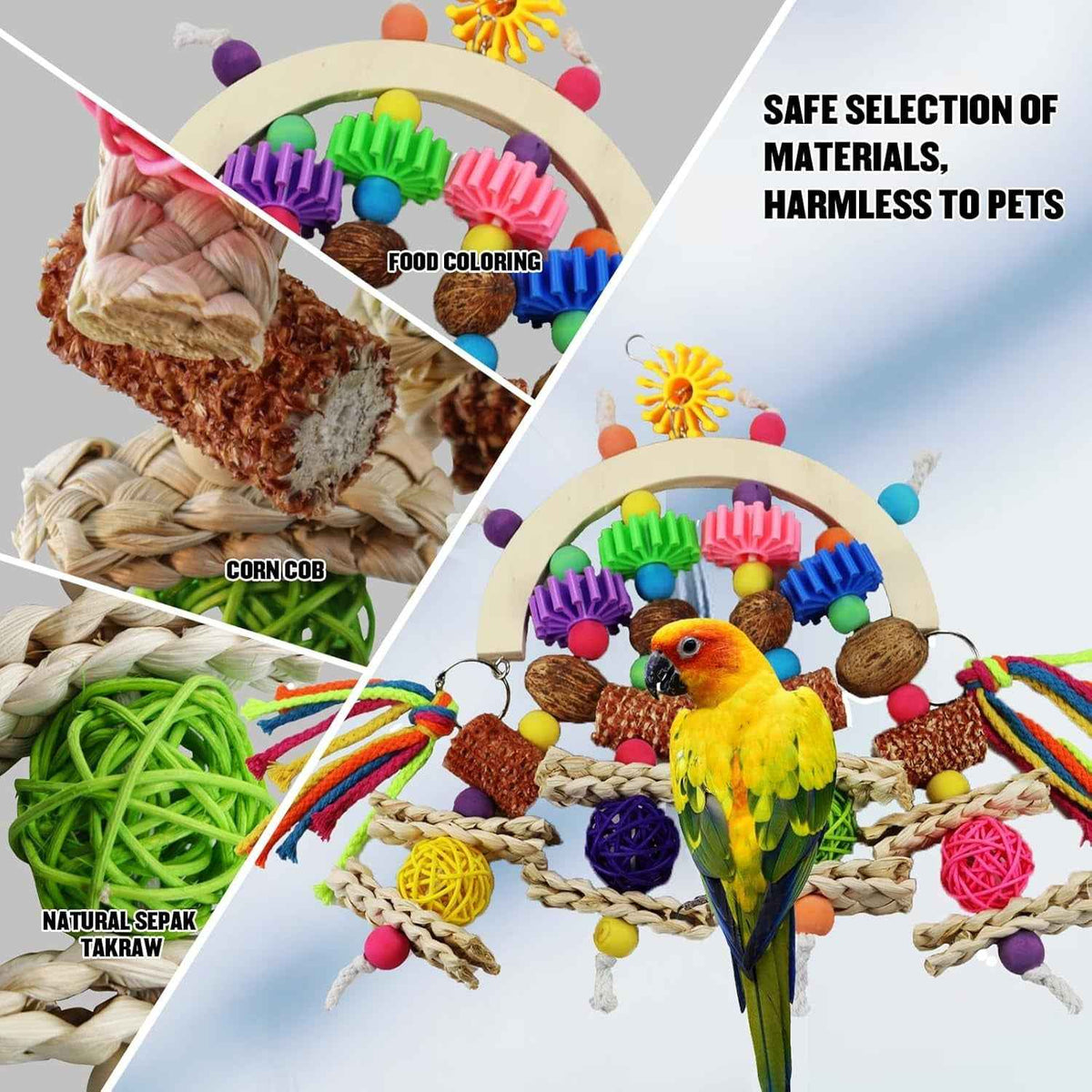Parrot chew toy with colorful beads, corn cob pieces, woven fibers and dangling ropes