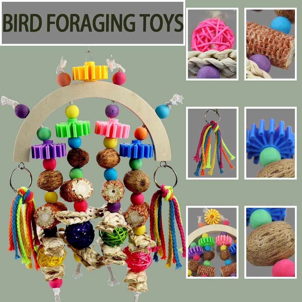 Hanging bird toy with a wooden arch, corn cob pieces, beads and colorful rope tassels