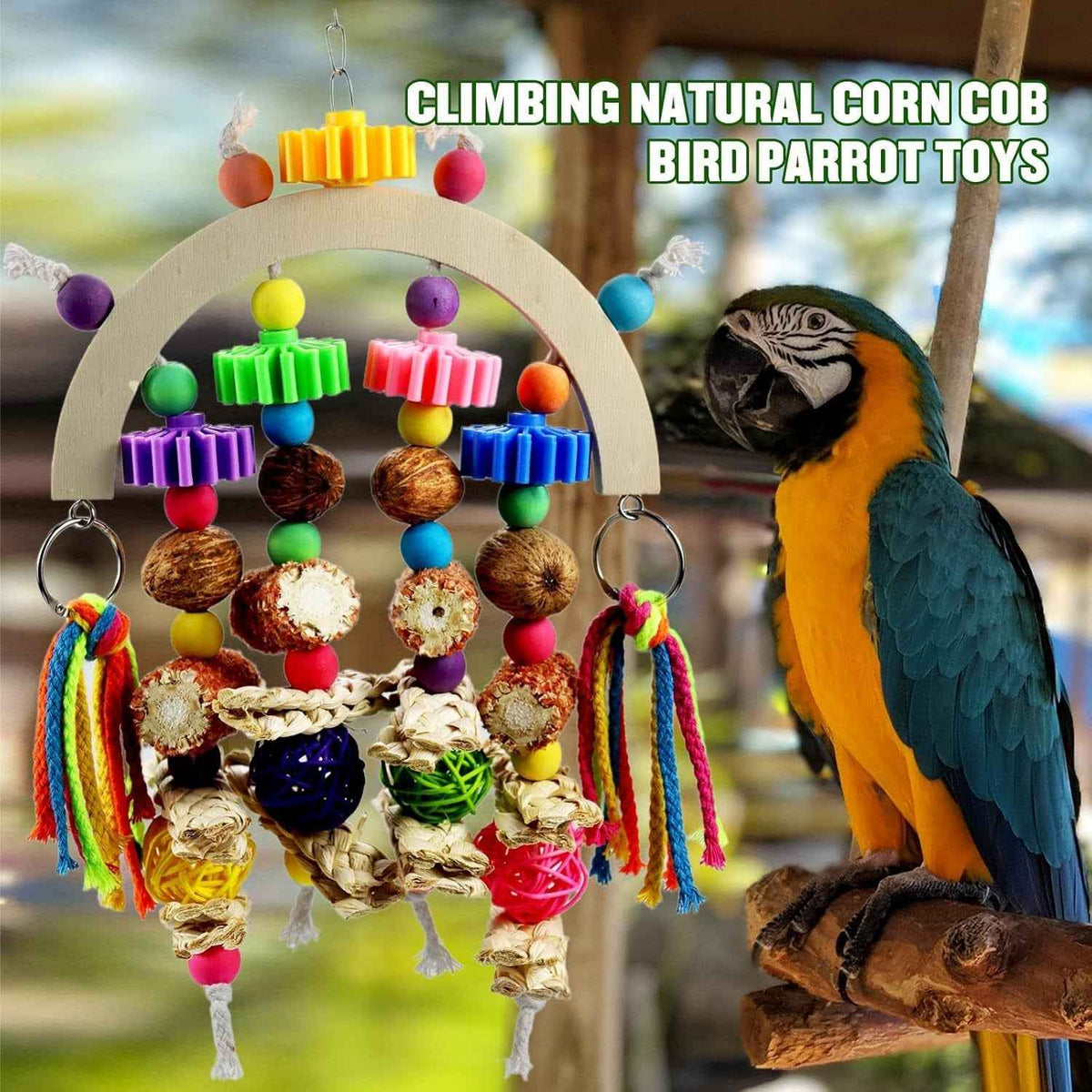 Parrot climbing toy with a wooden arch, corn cob pieces, colorful beads and woven hanging parts