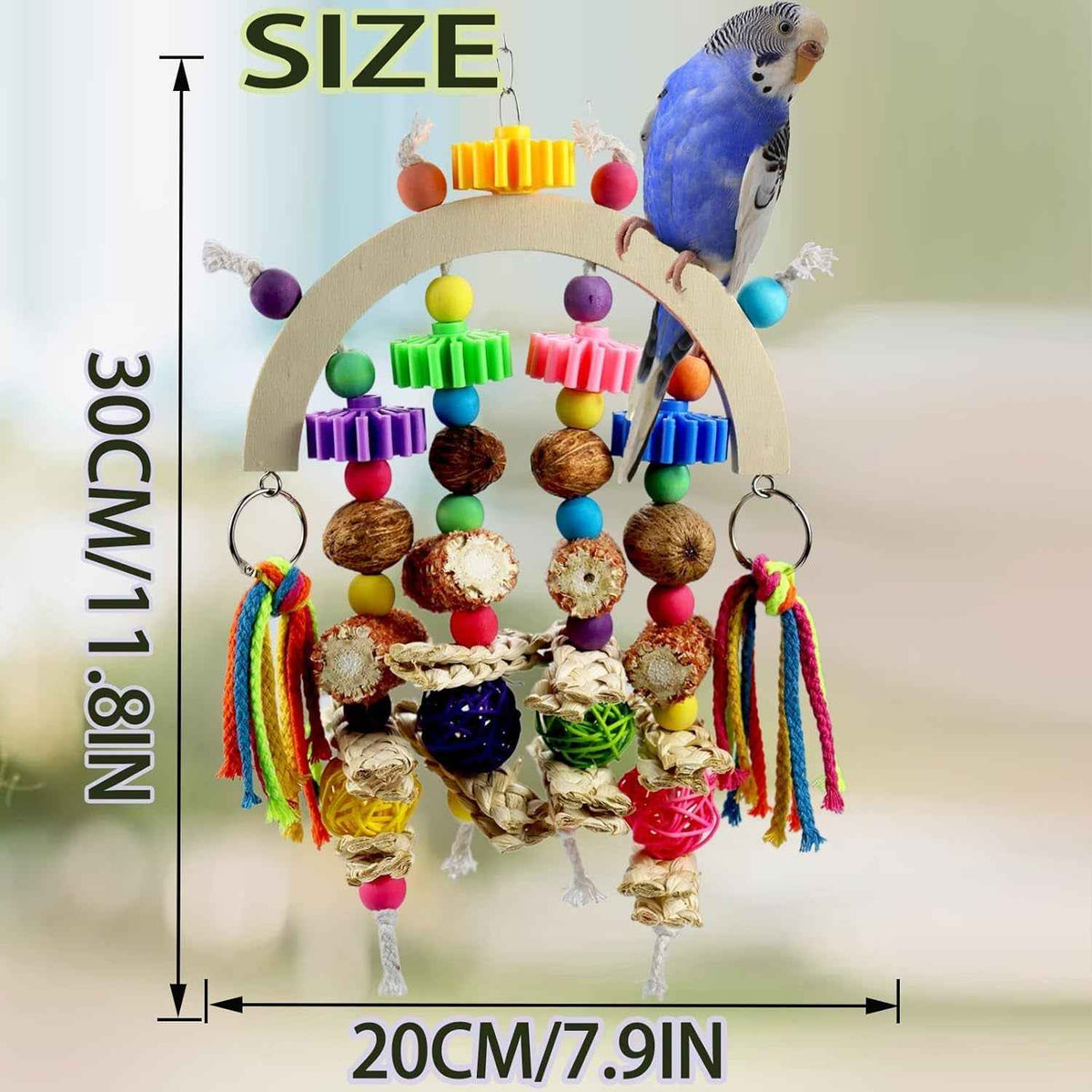 Bird chew toy with colorful beads, corn cob pieces and woven ropes; measures 30 by 20 cm
