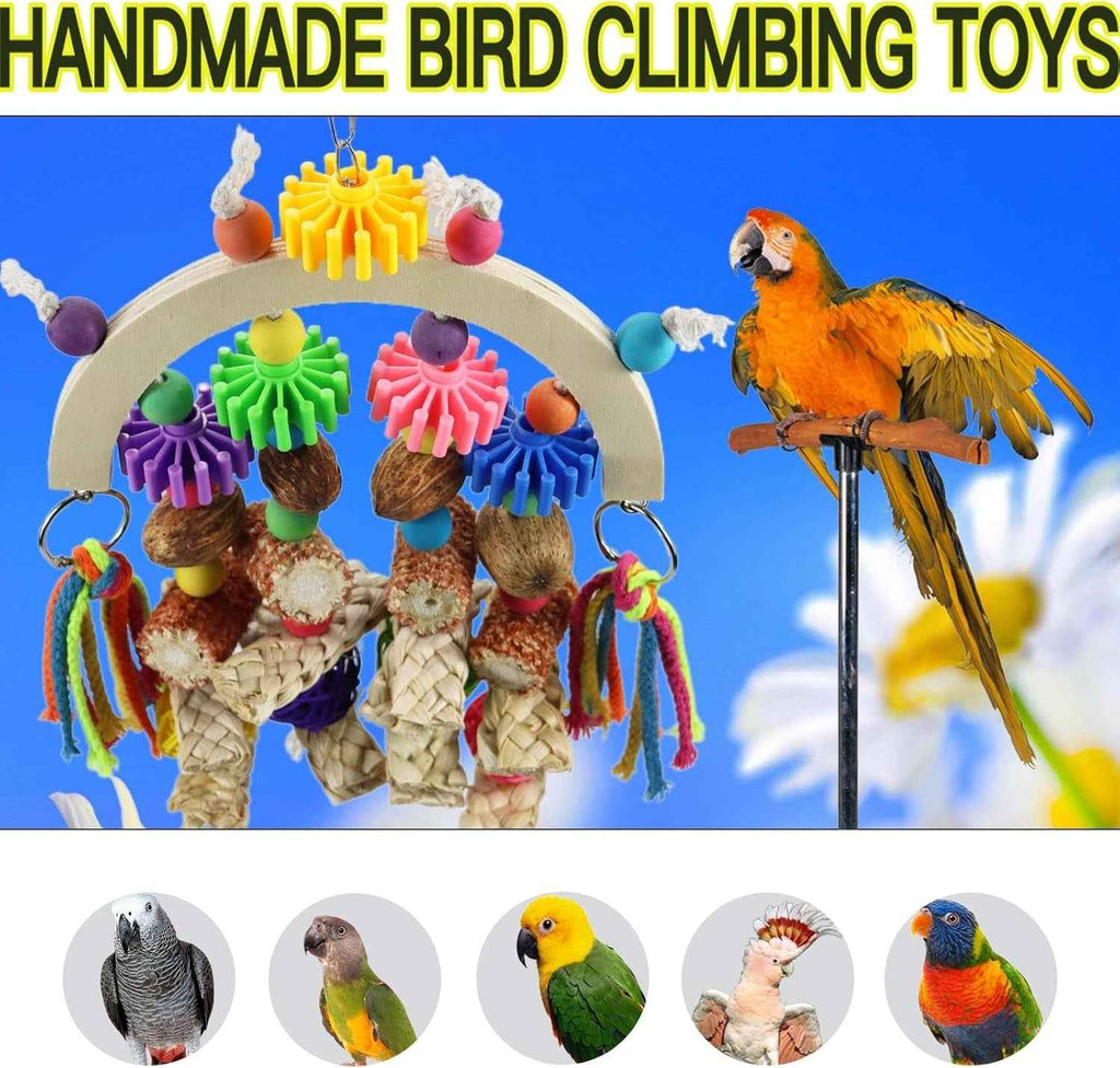 Bird climbing toy with a wooden arch, colorful beads, corn cob pieces and woven hanging parts