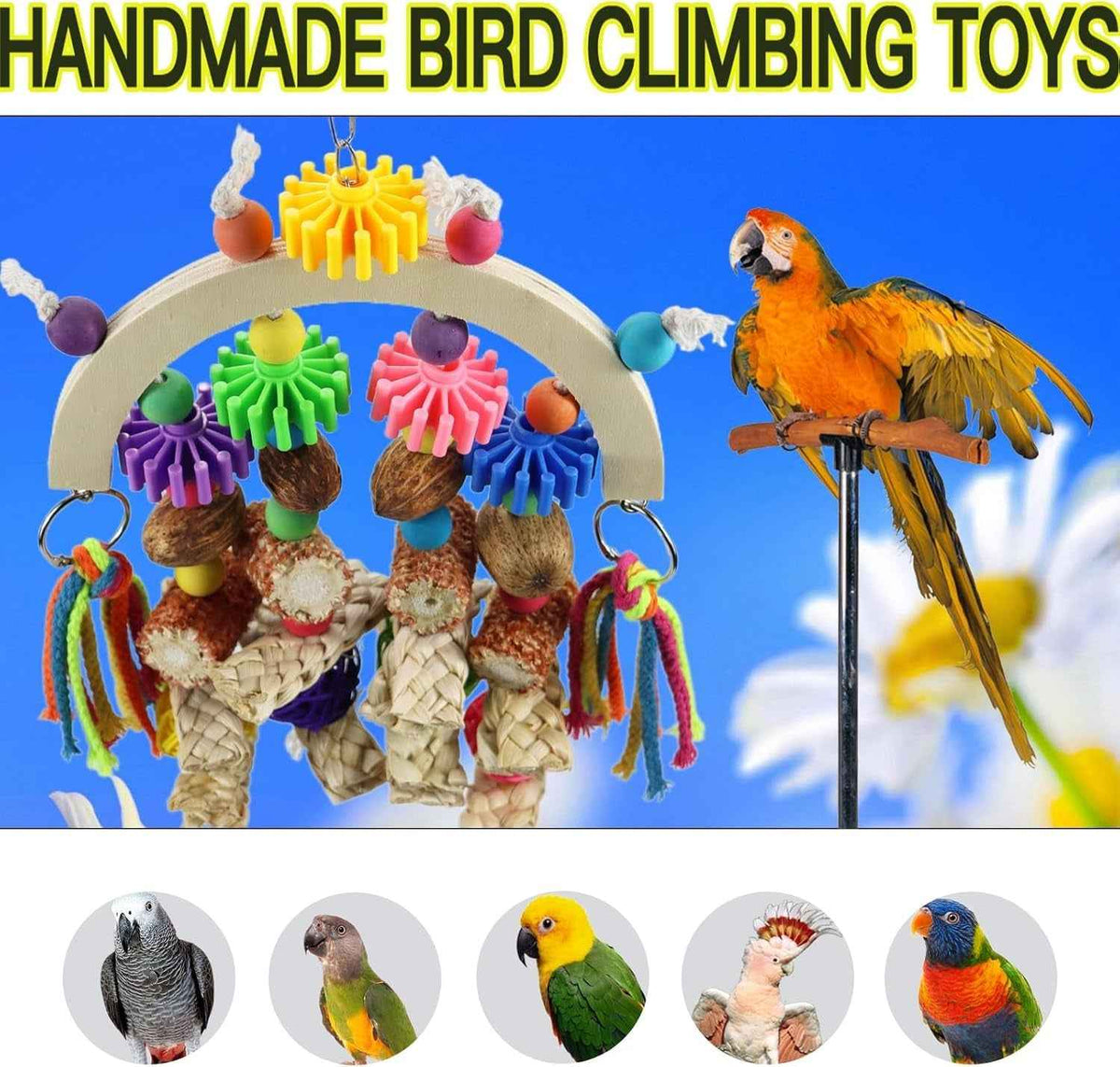 Bird climbing toy with a wooden arch, colorful beads, corn cob pieces and woven hanging parts