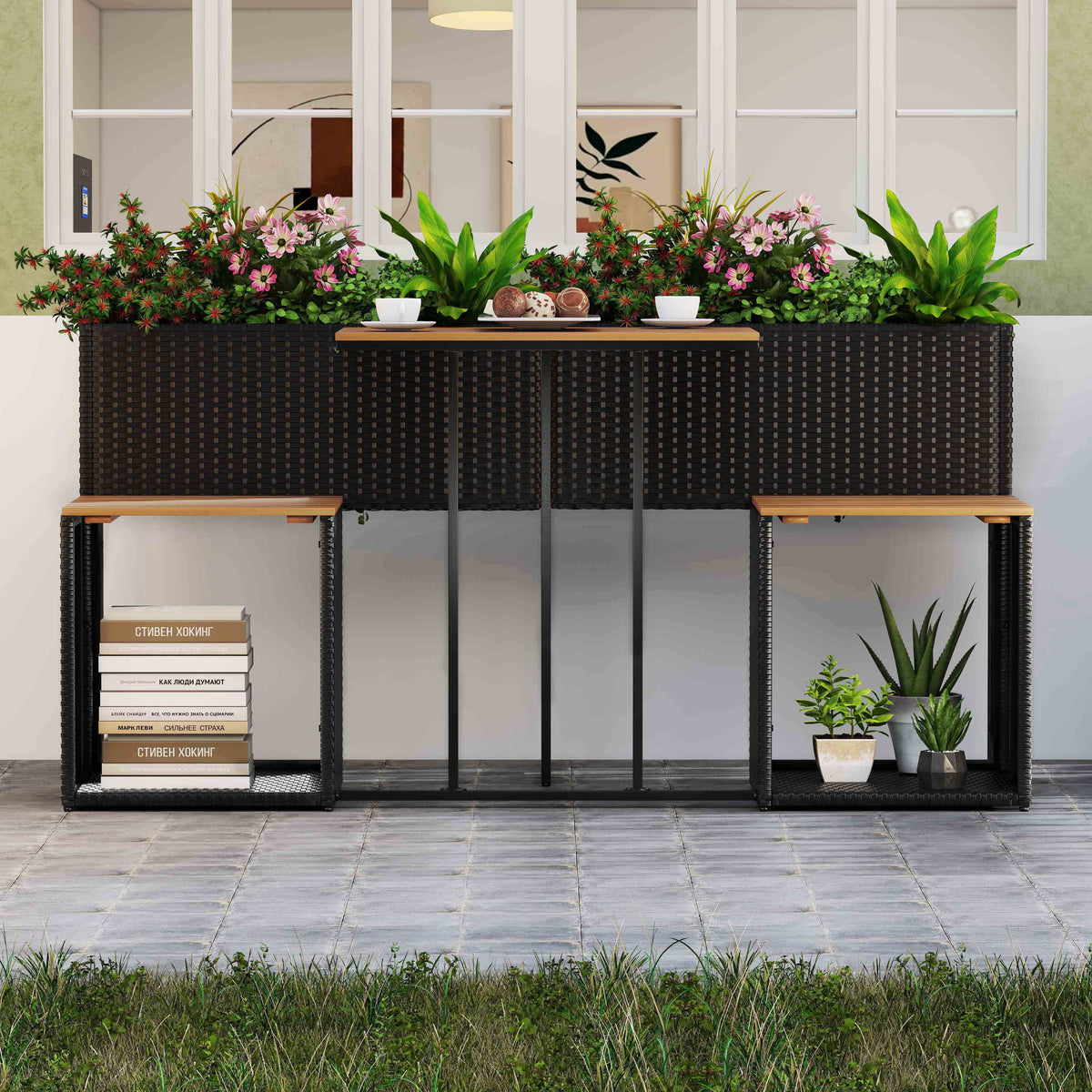Black woven rattan patio furniture set with raised garden bed and slatted table top