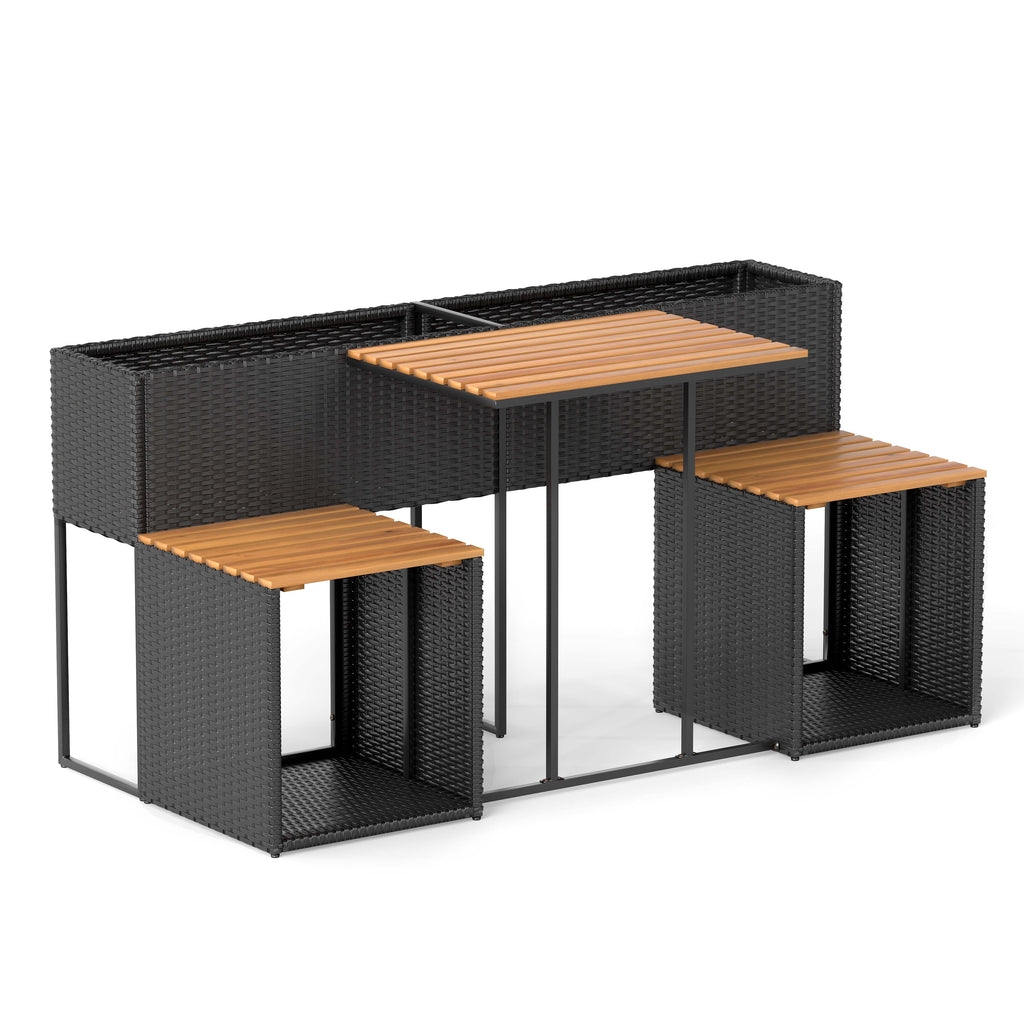 Black rattan patio furniture set with raised garden bed and three wood slatted surfaces